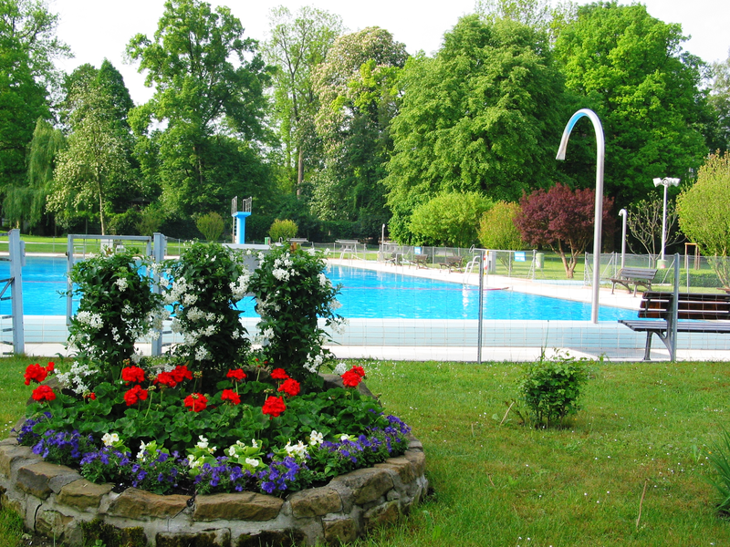 Ein Freibad mit einem großen, blauen Schwimmbecken, umgeben von grüner Vegetation und bunten Blumen im Vordergrund.