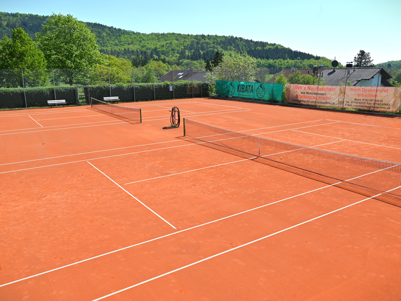 Zwei unbespielte Sand-Tennisplätze sind von Bäumen und grüner Landschaft umgeben.