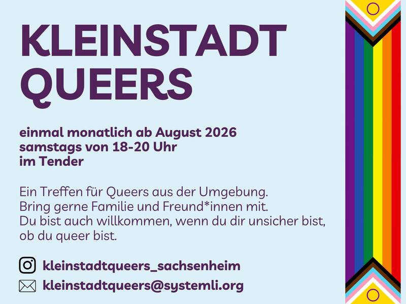 Das Bild ist ein Flyer für ein monatliches Treffen der "Kleinstadt Queers" ab August 2026.