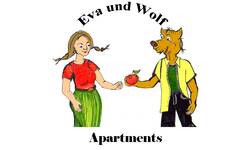 Eine gezeichnete Frau und ein Wolf in einem Hemd stehen sich gegenüber, während der Wolf der Frau einen roten Apfel anbietet, mit den Schriftzügen "Eva und Wolf Apartments" darüber und darunter.